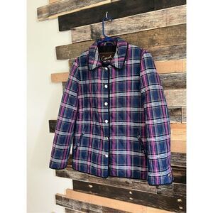 Coach Quilted Navy Blue & Purple Plaid Print Long Sleeve Snap Front Jacket Sz M